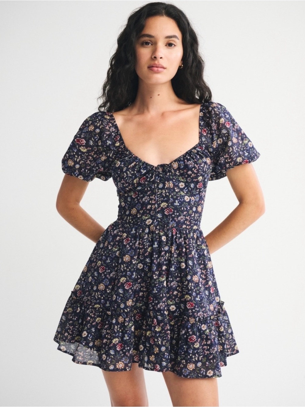 A&F Women’s Puff-Sleeve Tie Front Mini Dress (Navy Floral, S)